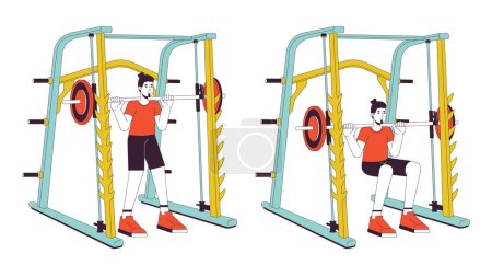 Illustration for Muscle building with weight power rack flat line vector spot illustration. Sportsman 2D cartoon outline character on white for web UI design. Gaining muscle mass editable isolated color hero image - Royalty Free Image