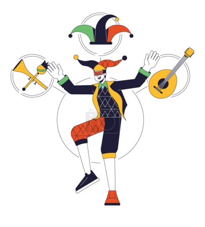 Jester person archetype flat line concept vector hero illustration. Joker entertains with musical instrument 2D cartoon outline character on white for web UI design. Editable isolated color hero image