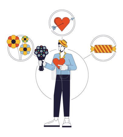 Illustration for Lover person archetype flat line concept vector hero illustration. Caucasian man with flowers and candies 2D cartoon outline character on white for web UI design. Editable isolated color hero image - Royalty Free Image