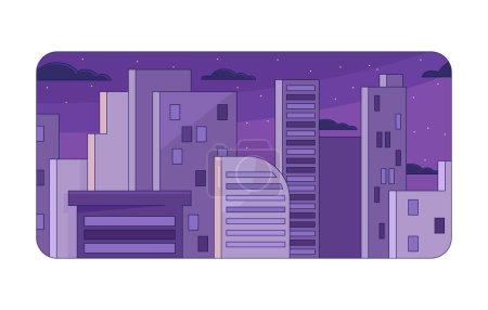 Illustration for City residential buildings chill lo fi background. Skyscraper. Starry night 2D vector cartoon cityscape illustration, purple lofi wallpaper desktop. Sunset aesthetic 90s retro art, dreamy vibes - Royalty Free Image