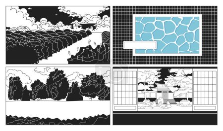 Ilustración de Lo fi diseño bw lindo kawaii lo fi fondos establecidos. Parque, piscina monocromática 2D vector ilustraciones de dibujos animados paisaje, lofi estético fondos de escritorio. Escenario de anime japonés, vibraciones de ensueño - Imagen libre de derechos