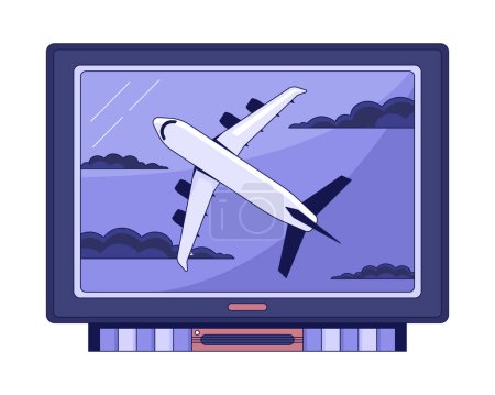 Illustration for FIlm on tv flat line color isolated vector object. Flying plane on display. Editable clip art image on white background. Simple outline cartoon spot illustration for web design - Royalty Free Image