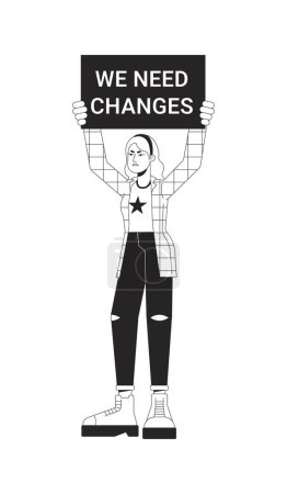 Illustration for Caucasian woman holding banner flat line black white vector character. We need changes. Editable outline full body person. Protest simple cartoon isolated spot illustration for web graphic design - Royalty Free Image