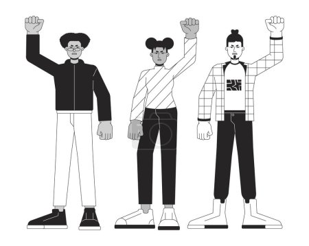 Illustration for Multinational people peaceful demonstration flat line black white vector characters. Editable outline full body person. Protest simple cartoon isolated spot illustration for web graphic design - Royalty Free Image