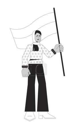 Illustration for Muslim woman holding flag flat line black white vector character. Demonstration. Editable outline full body person. Protest simple cartoon isolated spot illustration for web graphic design - Royalty Free Image