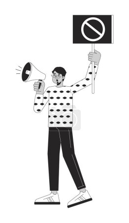 Ilustración de Hombre indio gritando en megáfono línea plana negro blanco vector carácter. Manteniendo la pancarta. Esquema editable persona de cuerpo completo. Protesta simple ilustración puntual aislada de dibujos animados para el diseño gráfico web - Imagen libre de derechos