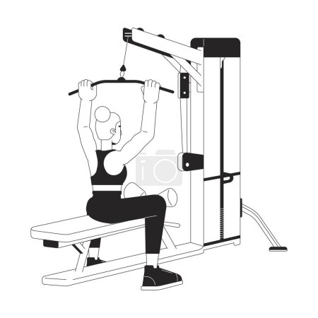 Illustration for Woman grasping bar on lat pulldown machine flat line black white vector character. Editable outline full body person. Increasing back muscles simple cartoon isolated spot illustration for web design - Royalty Free Image