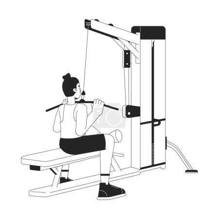 Illustration for Man dragging bar down on lat pulldown machine flat line black white vector character. Editable outline full body person. Fitness enthusiast simple cartoon isolated spot illustration for web design - Royalty Free Image