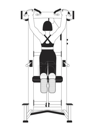 Illustration for Woman hanging from pullup bar flat line black white vector character. Editable outline full body person. Gym girl improving grip strength simple cartoon isolated spot illustration for web design - Royalty Free Image