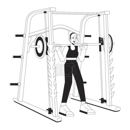 Illustration for Woman with barbell in weight power rack flat line black white vector character. Editable outline full body person. Female powerlifter simple cartoon isolated spot illustration for web design - Royalty Free Image
