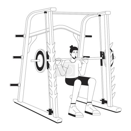 Illustration for Man doing squats in power rack flat line black white vector character. Editable outline full body person. Gym guy. Heavyweight movement simple cartoon isolated spot illustration for web design - Royalty Free Image