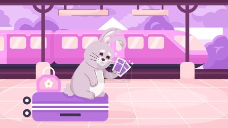 Illustration for Traveler rabbit on platform cute chill lo fi wallpaper. Luggage tourist bunny with train tickets 2D vector cartoon character illustration, lofi anime background. 90s kawaii aesthetic, dreamy vibes - Royalty Free Image