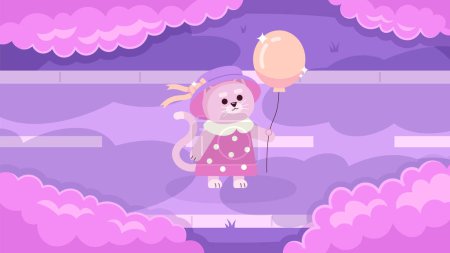 Illustration for Kawaii cat with balloon watching clouds cute chill lo fi wallpaper. Cloud gazing kitten in dress 2D vector cartoon character illustration, lofi anime background. 90s kawaii aesthetic, dreamy vibes - Royalty Free Image