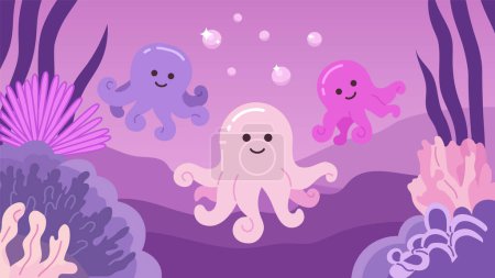 Illustration for Octopuses underwater bubbles cute chill lo fi wallpaper. Marine life deep sea. Chibi creatures 2D vector cartoon characters illustration, lofi anime background. 90s kawaii aesthetic, dreamy vibes - Royalty Free Image