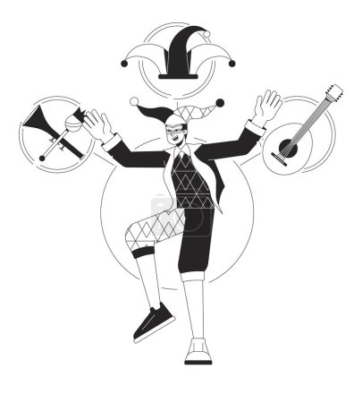 Illustration for Jester person archetype bw concept vector spot illustration. Joker entertains by musical instrument 2D cartoon flat line monochromatic character for web UI design. Editable isolated outline hero image - Royalty Free Image