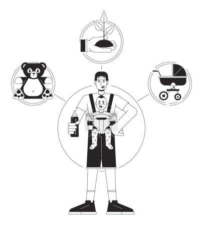 Ilustración de Caregiver persona arquetipo bw concepto vector spot ilustración. Hombre con bebé 2D personaje de dibujo animado en blanco para el diseño de interfaz de usuario web. Un hombre de familia. Crianza Editable imagen de héroe de color aislado - Imagen libre de derechos