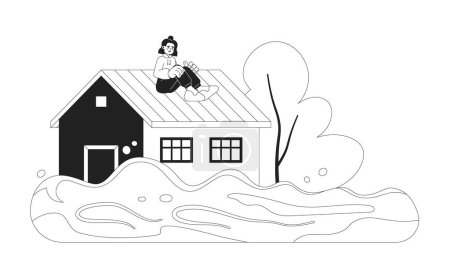 Ilustración de Mujer sentada en el techo monocromo concepto vector spot ilustración. Casa inundada. Un desastre natural. Mujer asustada 2D plana bw personaje de dibujos animados para el diseño de interfaz de usuario web. Imagen de héroe dibujada a mano editable aislada - Imagen libre de derechos