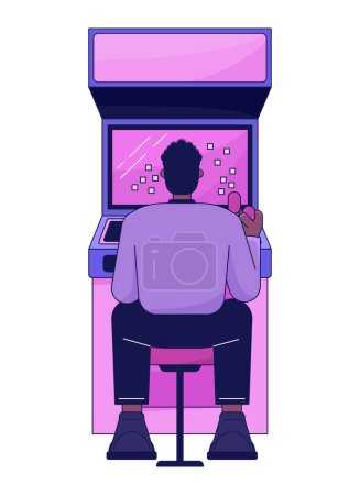 Illustration for Man sitting and playing games flat line color vector character. Arcade. Vintage machine. Editable outline full body person on white. Simple cartoon spot illustration for web graphic design - Royalty Free Image