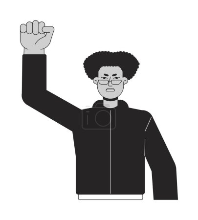 Illustration for Angry man flat line black white vector character. Raising hand up. Man protesting, clenching fist. Editable outline full body person. Simple cartoon isolated spot illustration for web graphic design - Royalty Free Image