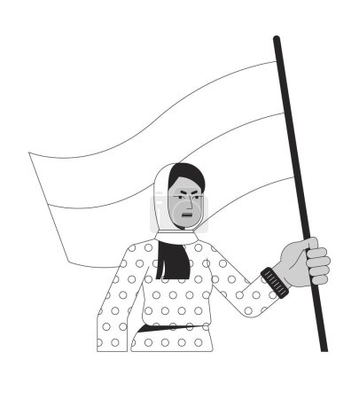 Téléchargez les illustrations : Femme musulmane avec drapeau ligne plate noir blanc caractère vectoriel. Protéger les droits des femmes. Manifestation. Plan modifiable personne de corps entier. Illustration de spot isolé de dessin animé simple pour la conception graphique web - en licence libre de droit