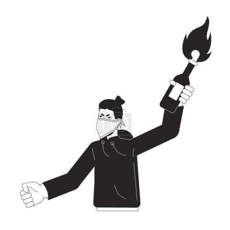 Illustration for Rebel holding molotov cocktail flat line black white vector character. Revolt. White revolutionary. Editable outline half body person. Simple cartoon isolated spot illustration for web graphic design - Royalty Free Image
