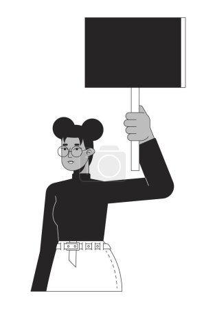 Illustration for Black woman with banner flat line black white vector character. Peaceful protest. Empty banner. Editable outline half body person. Simple cartoon isolated spot illustration for web graphic design - Royalty Free Image