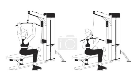 Illustration for Working out on lat pulldown machine bw vector spot illustration. Female 2D cartoon flat line monochromatic character for web UI design. Upper-body strength workout editable isolated outline hero image - Royalty Free Image