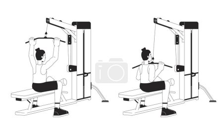 Illustration for Muscle building with lat pulldown machine bw vector spot illustration. Sportsman 2D cartoon flat line monochromatic character for web UI design. Back exercises editable isolated outline hero image - Royalty Free Image