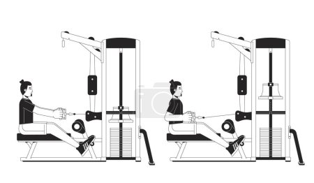 Illustration for Muscle building with seated row machine bw vector spot illustration. Gym guy 2D cartoon flat line monochromatic character for web design. Strengthening exercises editable isolated outline hero image - Royalty Free Image