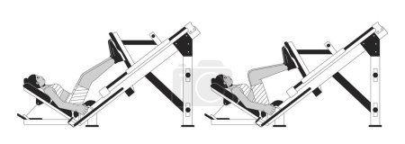 Illustration for Working out on machine squat press bw vector spot illustration. Female 2D cartoon flat line monochromatic character for web UI design. Leg strengthening routine editable isolated outline hero image - Royalty Free Image
