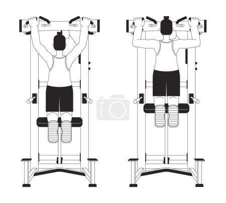 Illustration for Muscle building with assisted pull up machine bw vector spot illustration. 2D cartoon flat line monochromatic character for web UI design. Bodyweight back exercise editable isolated outline hero image - Royalty Free Image