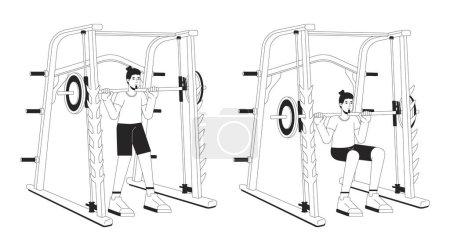 Illustration for Muscle building with weight power rack bw vector spot illustration. Sportsman 2D cartoon flat line monochromatic character for web UI design. Gaining muscle mass editable isolated outline hero image - Royalty Free Image