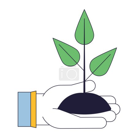 Illustration for Holding plant flat line concept vector spot illustration. Gargening. Hobby. Put plant into soil 2D cartoon outline hand on white for web UI design. Editable isolated color hero image - Royalty Free Image