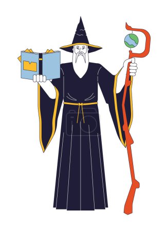 Mysterious wizard flat line color vector character. Old man reading book. Wooden wizard staff. Editable outline full body person on white. Simple cartoon spot illustration for web graphic design