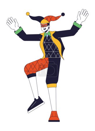Illustration for Joker in medieval costume flat line color vector character. Funny man dancing. Entertainment. Editable outline full body person on white. Simple cartoon spot illustration for web graphic design - Royalty Free Image