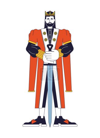 Illustration for Young king with sword flat line color vector character. Monarch in golden crown. Powerful man. Editable outline full body person on white. Simple cartoon spot illustration for web graphic design - Royalty Free Image