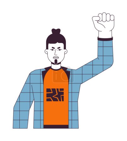 Illustration for Aggressive protester flat line color vector character. Man clenching fist. Disappointed. Editable outline full body person on white. Simple cartoon spot illustration for web graphic design - Royalty Free Image