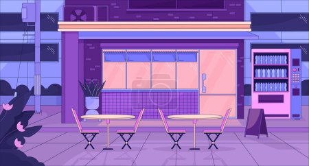Illustration for Urban storefront at night lo fi aesthetic wallpaper. Exterior store with tables, vending machine 2D vector cartoon cityscape illustration, purple lofi background. 90s retro album art, chill vibes - Royalty Free Image