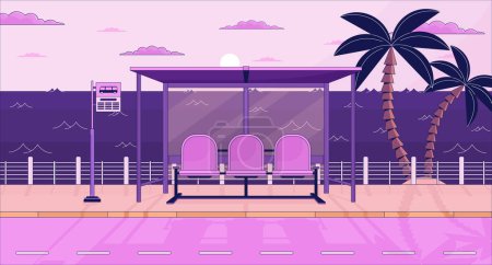 Ilustración de Banco de parada de autobús en el crepúsculo frente al mar lo fi estético fondo de pantalla. A la espera de autobús, ciudad tropical 2D vector de dibujos animados ilustración del paisaje, fondo lofi púrpura. 90s retro álbum de arte, vibraciones de frío - Imagen libre de derechos