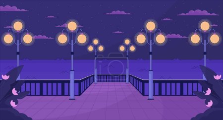 Ilustración de Paseo marítimo nocturno con farolas lo fi estético fondo de pantalla. Muelle de la ciudad nocturna, farolas brillantes ilustración de paisaje urbano de dibujos animados vectoriales 2D, fondo lofi púrpura. 90s retro álbum de arte, vibraciones de frío - Imagen libre de derechos