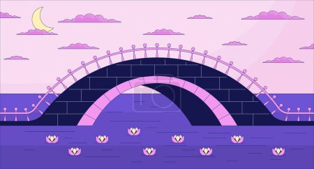 Twilight bridge across river lo fi aesthetic wallpaper. Crescent moon dusk above water lilies 2D vector cartoon landscape illustration, purple lofi background. 90s retro album art, chill vibes