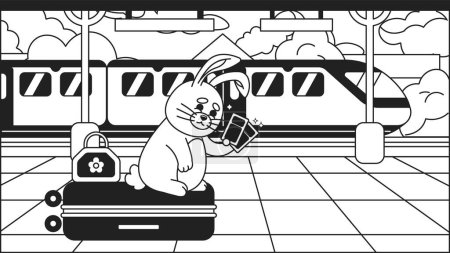 Illustration for Traveler rabbit on platform black and white cute chill lo fi wallpaper. Luggage tourist bunny with train tickets linear 2D vector cartoon character illustration, monochrome lofi kawaii background - Royalty Free Image