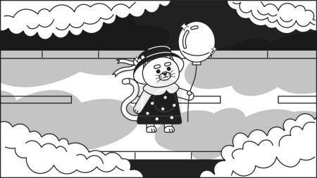 Illustration for Kawaii cat with balloon watching clouds black and white cute chill lo fi wallpaper. Cloud gazing kitten in dress linear 2D vector cartoon character illustration, monochrome lofi anime background - Royalty Free Image