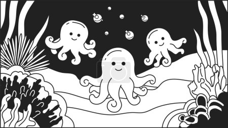 Illustration for Octopuses underwater bubbles black and white cute chill lo fi wallpaper. Marine life deep sea. Chibi creatures linear 2D vector cartoon characters illustration, monochrome lofi kawaii background - Royalty Free Image