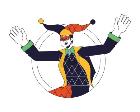 Ilustración de Joker feliz divertirse línea plana vector de color de carácter. Hombre disfrazado de masquarade. Sombrero con campanas. Esquema editable persona de medio cuerpo en blanco. Ilustración simple de dibujos animados para el diseño gráfico web - Imagen libre de derechos