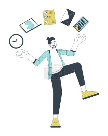 Illustration for Man juggling of tasks flat line concept vector spot illustration. Man balancing on one leg 2D cartoon outline character on white for web UI design. Productivity editable isolated color hero image - Royalty Free Image
