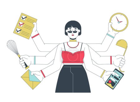 Illustration for Multitasking business woman flat line concept vector spot illustration. Holding different items 2D cartoon outline character on white for web UI design. Productivity editable isolated color hero image - Royalty Free Image