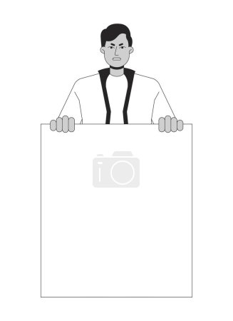 Illustration for Protest march flat line black white vector character. Indian man public demonstration. Editable outline half body person. Simple cartoon isolated spot illustration for web graphic design - Royalty Free Image