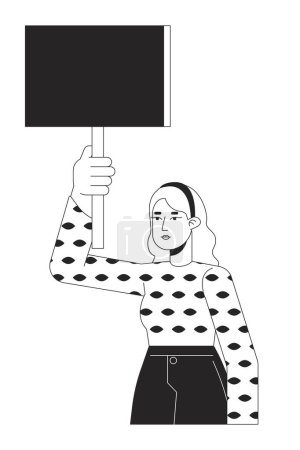 Illustration for Caucasian demonstrator flat line black white vector character. Young woman. Justice voice. Editable outline half body person. Protest simple cartoon isolated spot illustration for web graphic design - Royalty Free Image