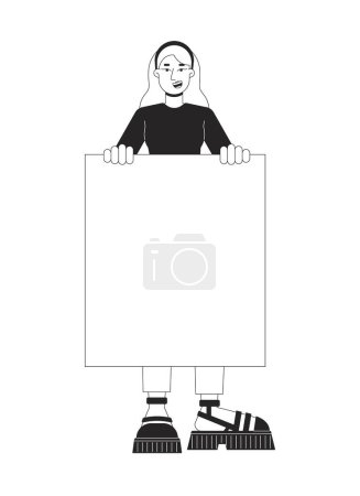 Illustration for Woman holding banner flat line black white vector character. Supportive demonstration. Positive. Editable outline full body person. Simple cartoon isolated spot illustration for web graphic design - Royalty Free Image